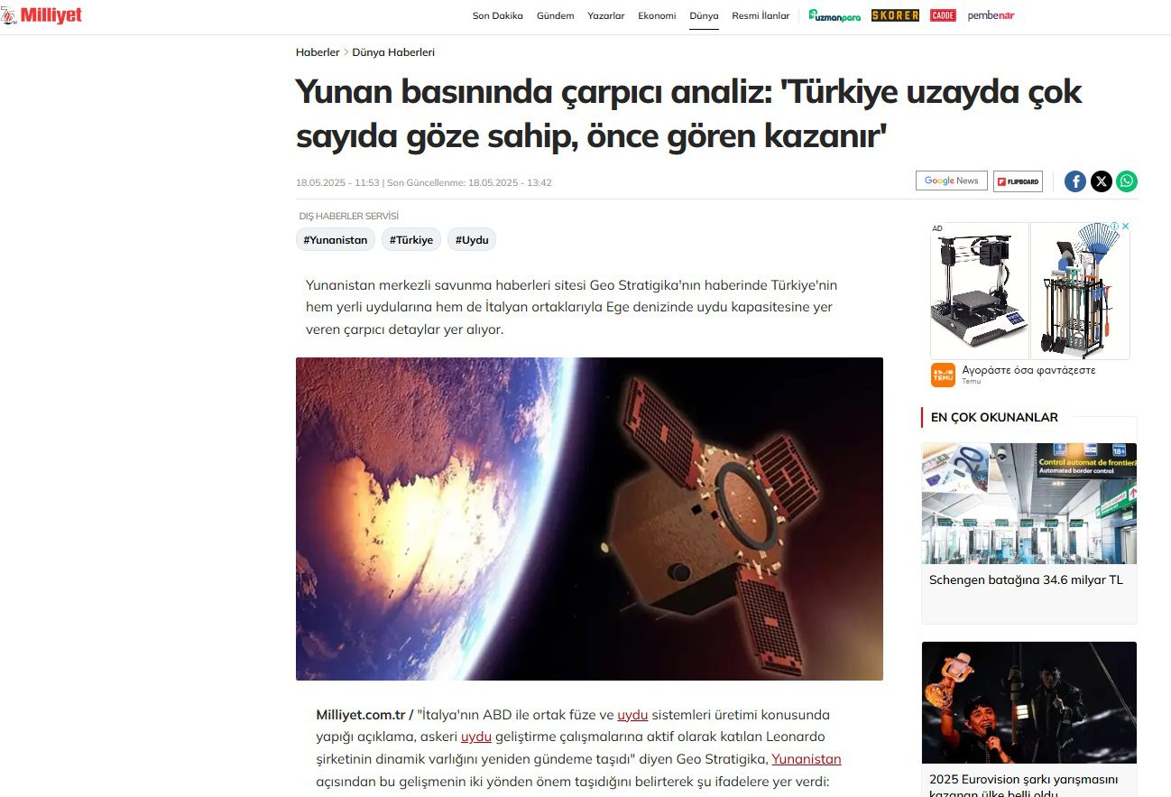 Δυστυχώς πλήρης ήταν η επιβεβαίωση του Geostratigika απο την τουρκική Μilliyet για τους τουρκικούς δορυφόρους