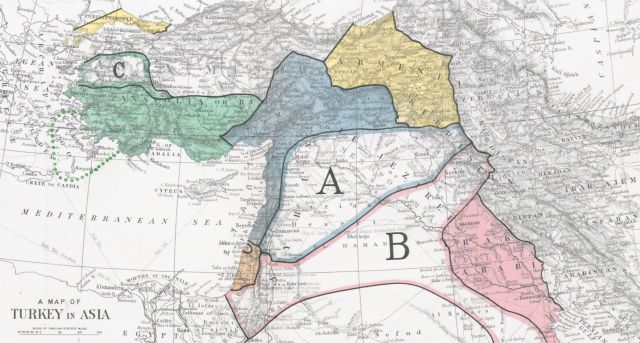 Η γραμμή «Σάικς- Πικό» όπως φαίνεται στον αποικιοκρατικό χάρτη που χώρισε την Μέση Ανατολή σε εδάφη γαλλικής (Α) και βρετανικής (Β) επιρροής το 1916