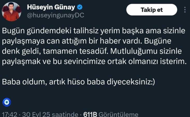 Ο Γκουναΐ ανακοίνωσε μέσω της πλατφόρμας X, ότι έγινε πατέρας