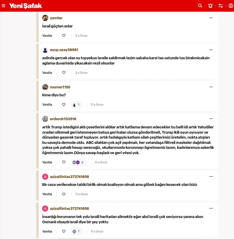 Σοκάρουν τα σχόλια Τούρκων για το Ισραήλ κάτω από δημοσίευμα φιλοκυβερνητικής τουρκικής εφημερίδας