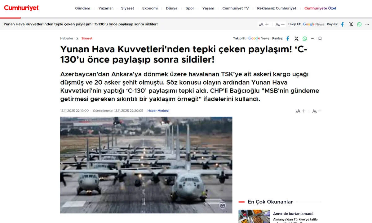 με άρθρο της Cumhuriyet, κατηγορείται η Ελληνική Πολεμική Αεροπορία