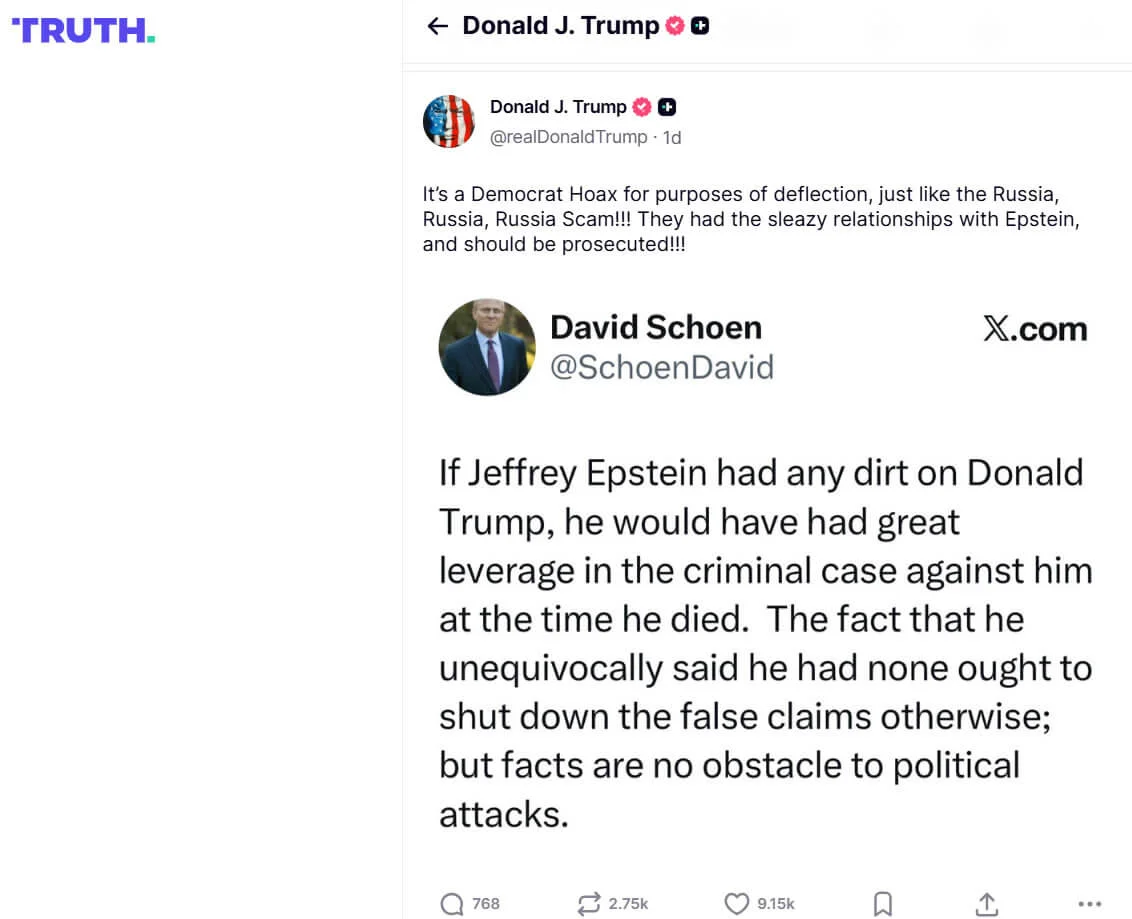 Η ανάρτηση (αργά το βράδυ της Κυριακής) του Ντόναλντ Τραμπ στην πλατφόρμα του, Truth Social, για το αρχείο του Έπσταϊν