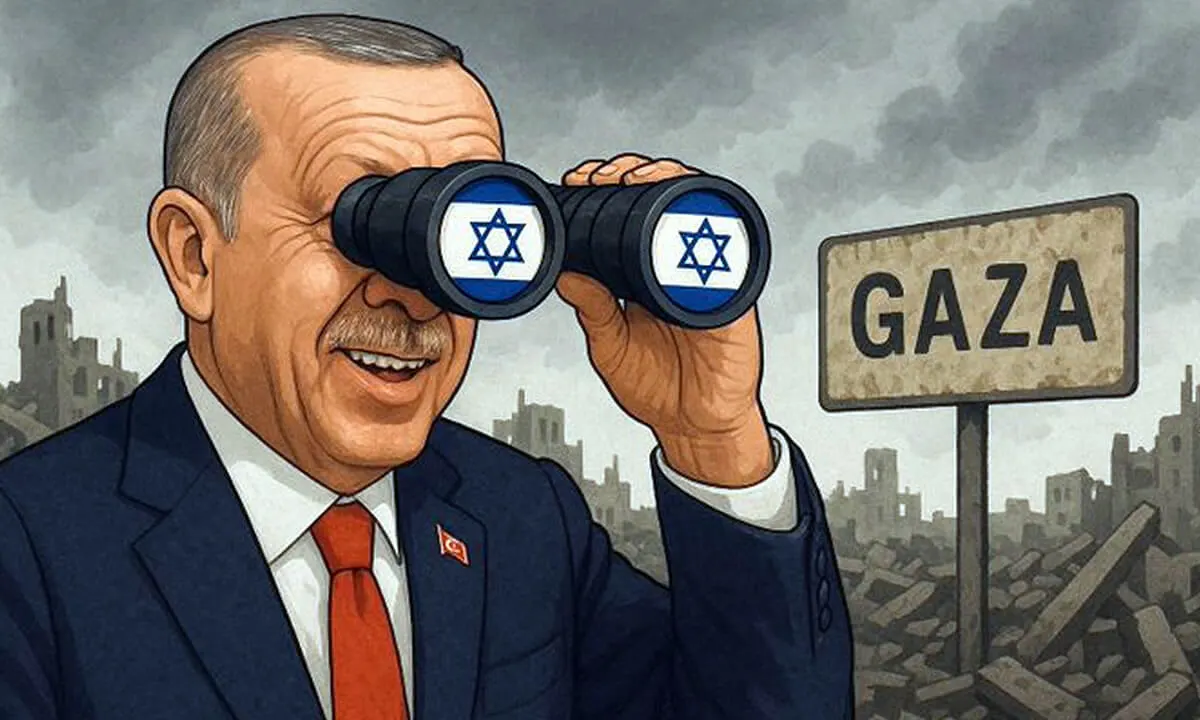 Ρετζέπ Ταγίπ Ερντογάν να παρατηρεί τα ερείπια της Γάζας με κιάλια που έφεραν την ισραηλινή σημαία