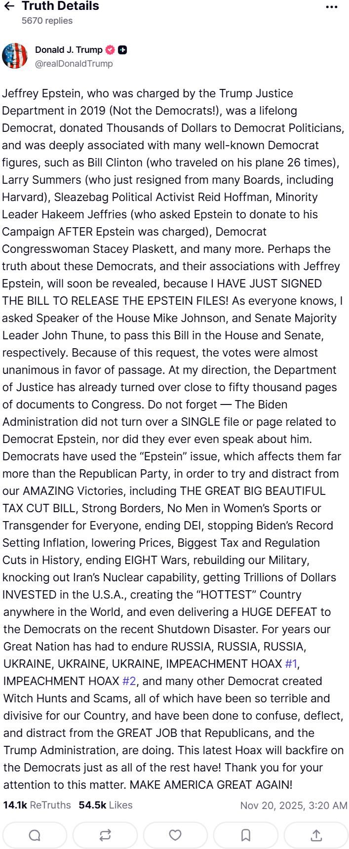 Η ανάρτηση του Ντόναλντ Τραμπ στο Truth Social για τον Έπσταϊν