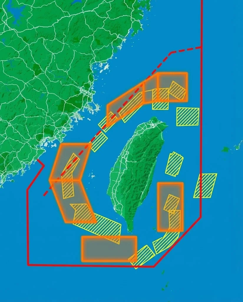 Ο χάρτης με τις περιοχές που έχει δεσμεύσει η Κίνα για τις ασκήσεις της, περικυκλώνουν την Ταϊβάν