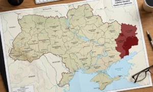 Πόλεμος στην Ουκρανία. Χάρτης με το Ντονμπάς χρωματισμένο (AI Photo)